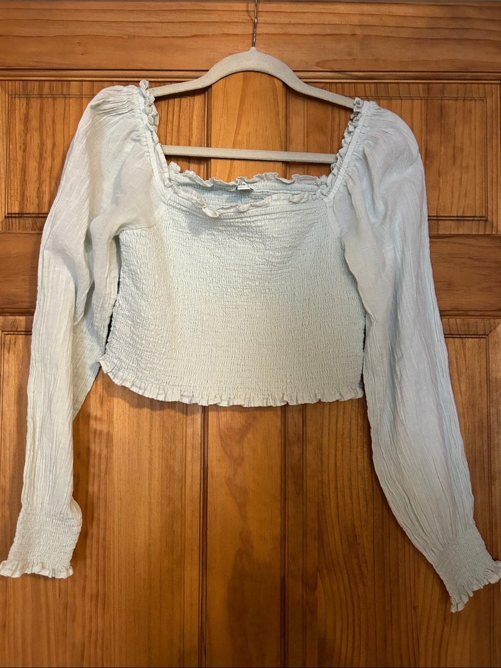 Aerie Smocked Lightweight Cropped Long Sleeve Pale Mint Green - M